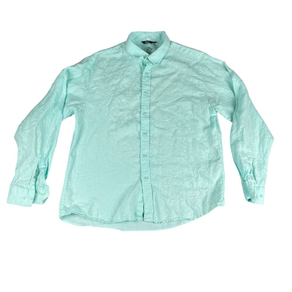 Bohio Shirt Mens Extra Large Blue Linen Long Sleeve Button Up Preppy Summer Top